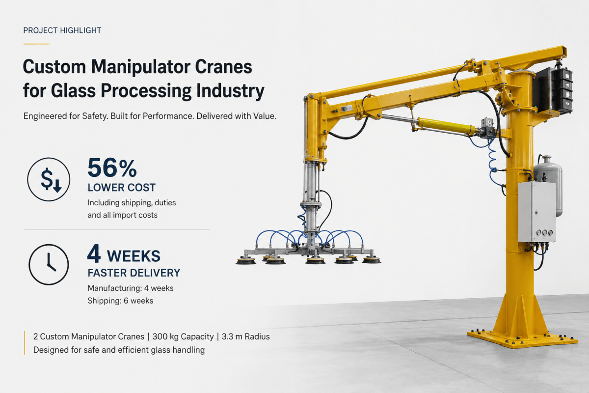 56% Cost Savings and 4 Weeks Faster Delivery: Custom Manipulator Cranes for a Canadian Glass&nbsp;Processor